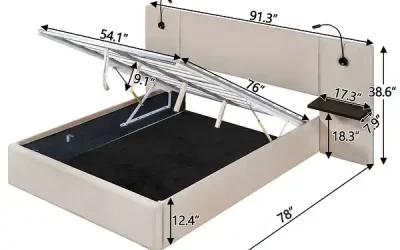 Full-Queen-Size-Lift-Up-Platform-Bed-with-2-Shelves-and-2-Lights,-Upholstered-Hydraulic-Storage-Bed-Frame-with-Headboard-and-USB